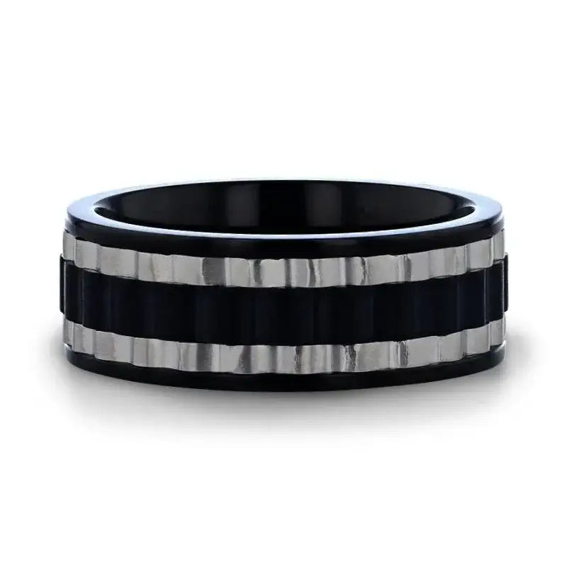 GEAR Two Toned Wavy Centered Brushed Black Titanium Men's Wedding Band With Flat Polished Edges - 8mm