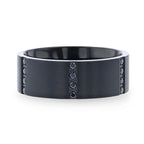MYSTERIOUS Flat Brushed Black Titanium Men's Wedding Ring With 6 Sets of Quadruple Black Sapphires In Horizontal Channels - 8mm
