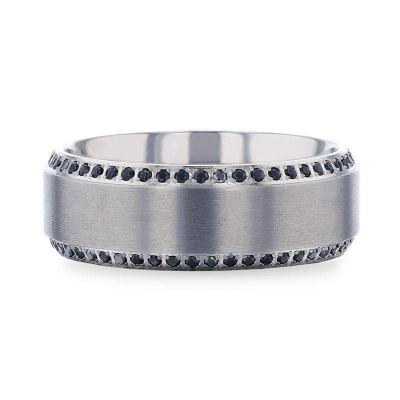 CHAMPION Flat Brushed Center Titanium Men's Wedding Band with Black Sapphire Polished Beveled Edges - 8mm