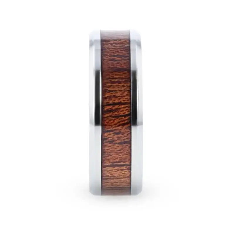 MELIA Mahogany Wood Inlaid Titanium Flat Polished Finish Men's Wedding Ring With Beveled Edges - 8mm