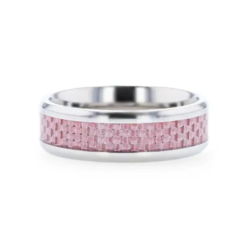 DOMINIQUE Pink Carbon Fiber Inlaid Titanium Flat Polished Finish Band With Beveled Edges - 8mm
