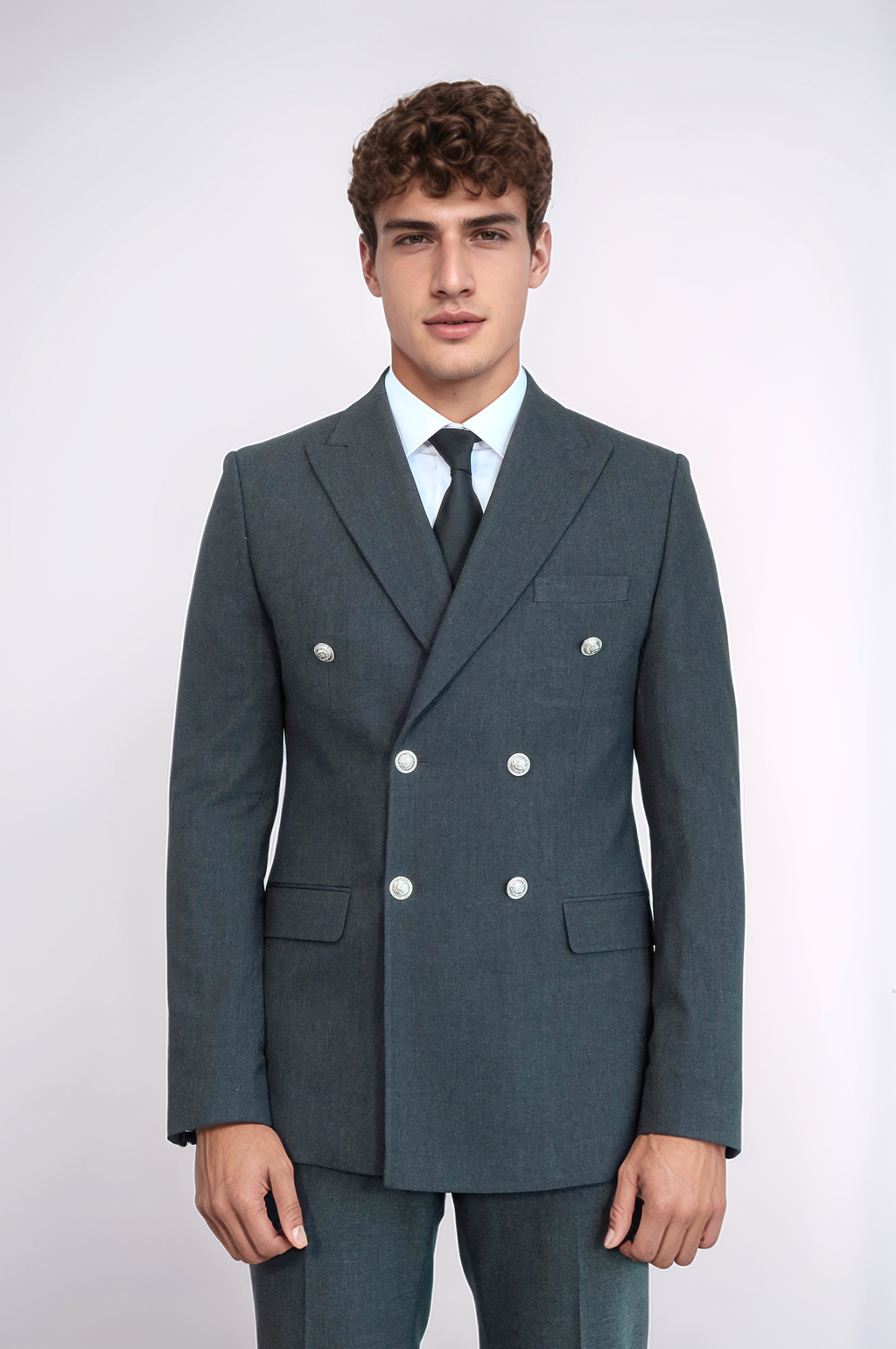 Modern Fit Double-Breasted Dark Grey Men’s Suit with Silver-Tone Metal Buttons – Wessi