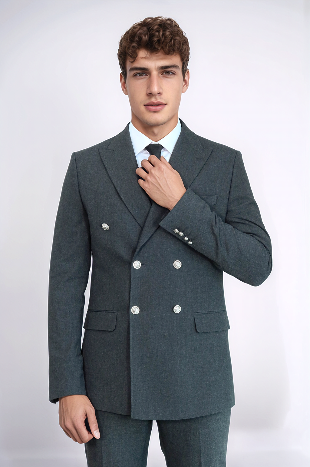 Modern Fit Double-Breasted Dark Grey Men’s Suit with Silver-Tone Metal Buttons – Wessi