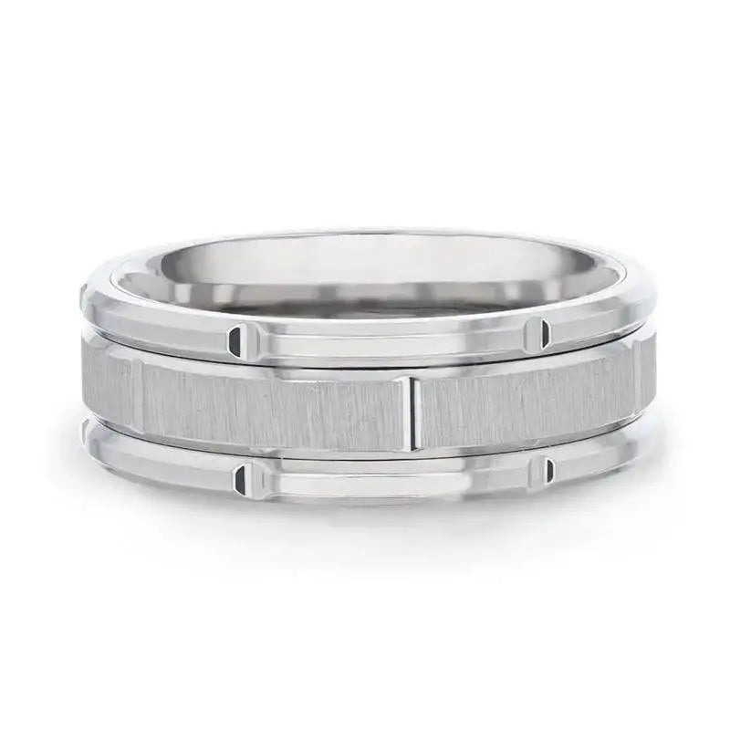 WARRICK Alternating Grooves And Horizontal Etched Finish Titanium Men's Wedding Band with Alternating Grooved Beveled Polished Edges - 8mm