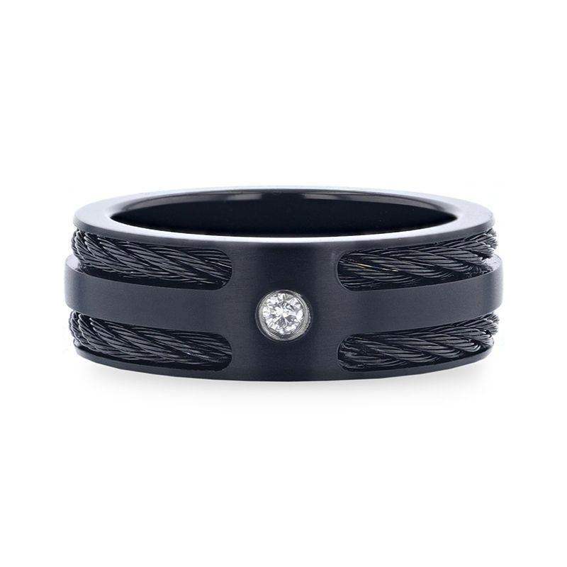 NOIR Double Black Rope Inlaid Brushed Matte Black Titanium Men's Wedding Band With Black Edge Channel Setting And White Diamond In The Center - 8mm