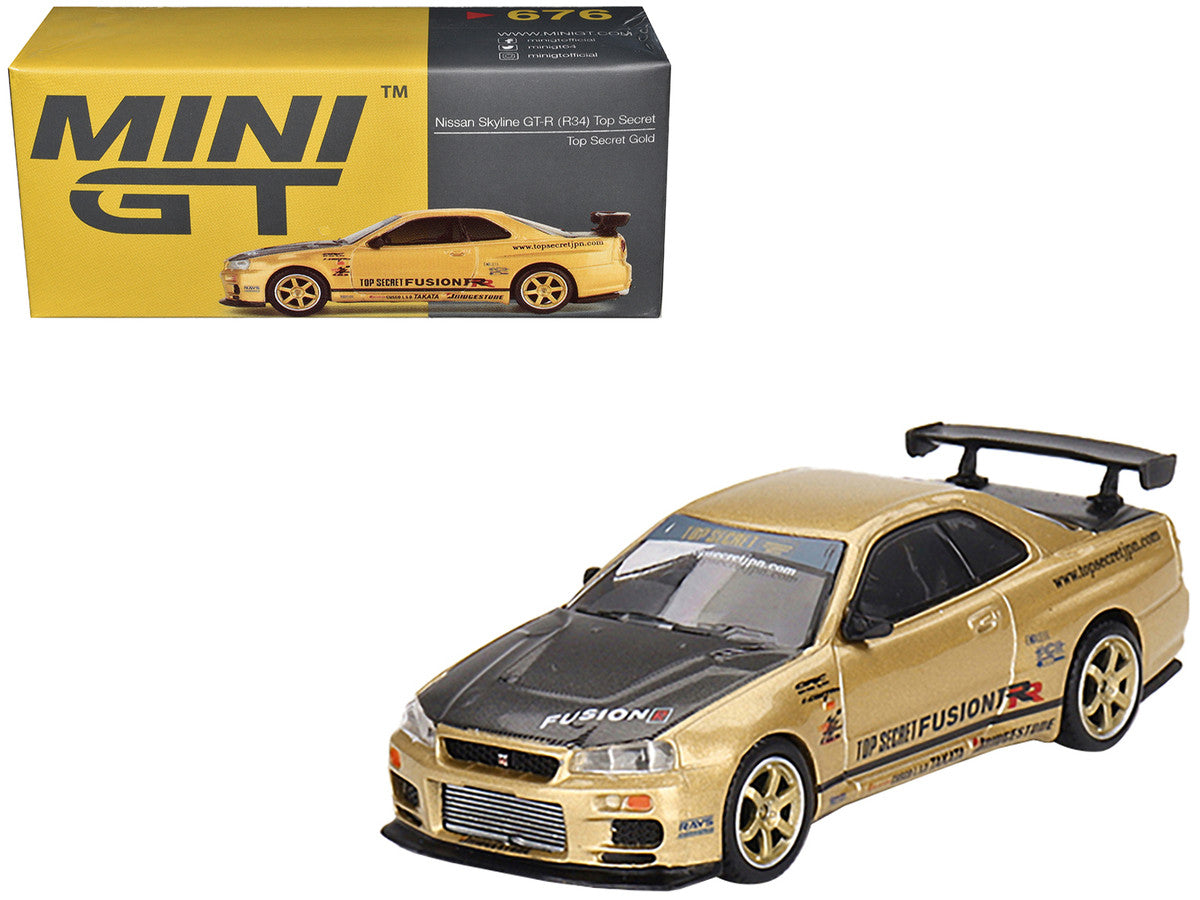 Nissan Skyline GT-R (R34) "Top Secret" RHD (Right Hand Drive) Gold Metallic with Black Hood Limited Edition 1/64 Diecast Model Car by True Scale Miniatures