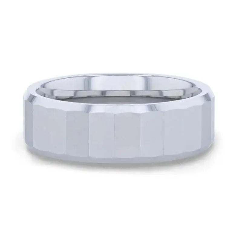 REFLECTOR Faceted Polished Center Tungsten Men's Wedding Band With Polished Beveled Edges - 8mm