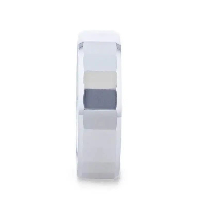 REFLECTOR Faceted Polished Center Tungsten Men's Wedding Band With Polished Beveled Edges - 8mm