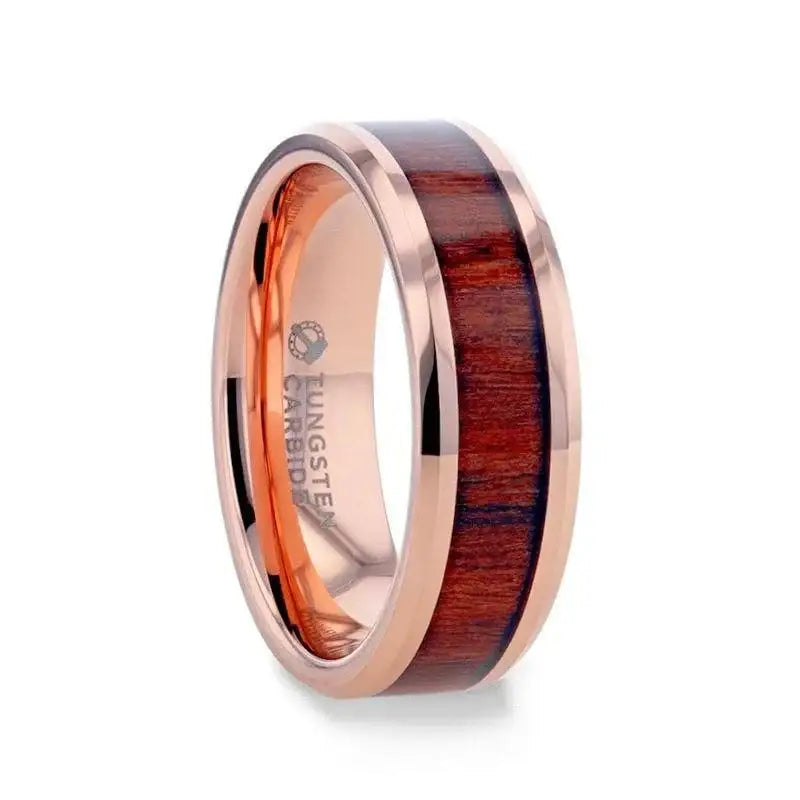 DYLAN Rose Gold Plated Koa Wood Inlaid Tungsten Men's Wedding Band with Beveled Polished Edges - 8mm