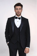 Classic Black Tuxedo Suit with Satin Peak Lapel and Waistcoat – Wessi
