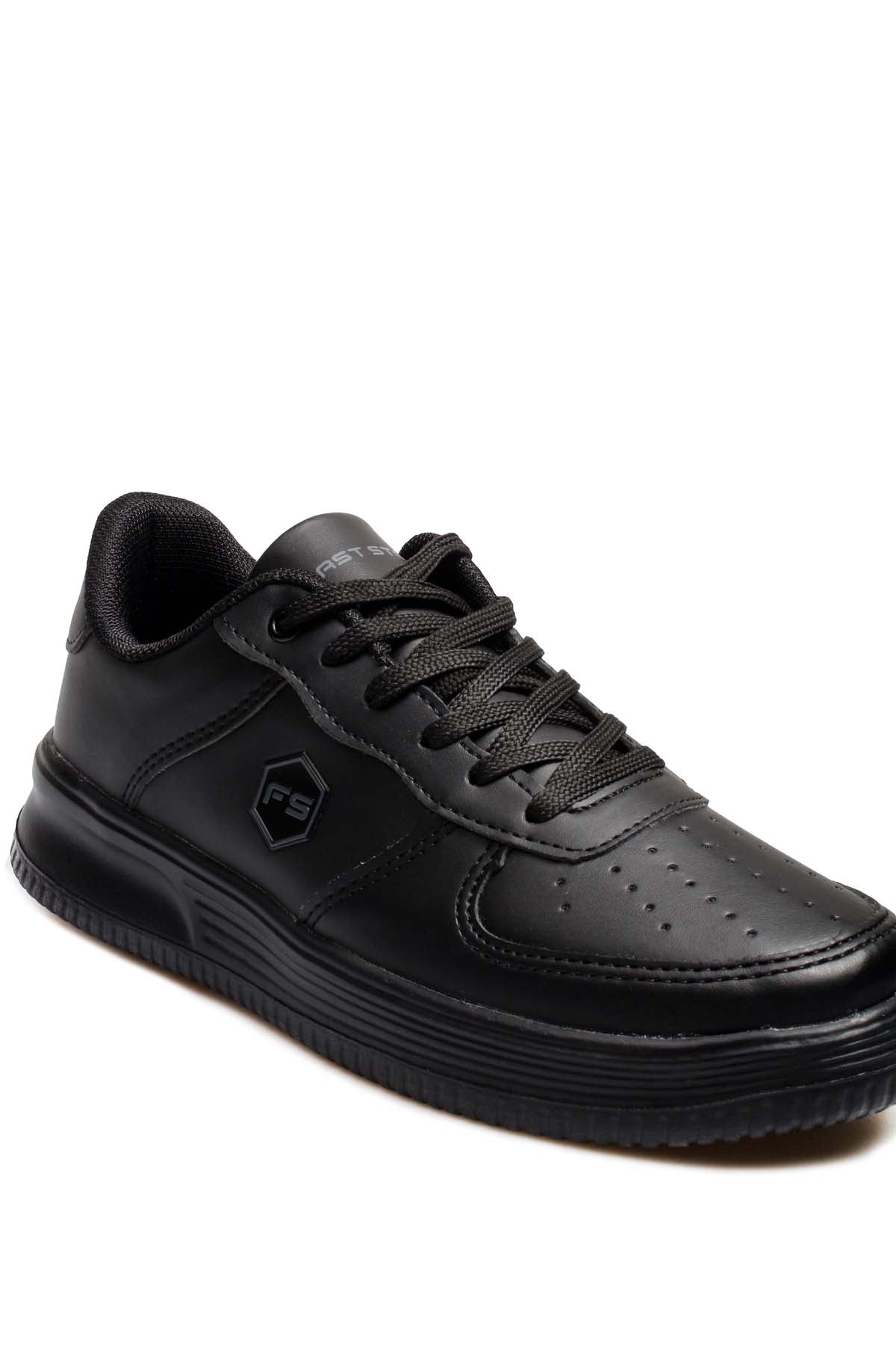 Men's Black Leather Low-Top Sneakers with Perforated Design - Wessi