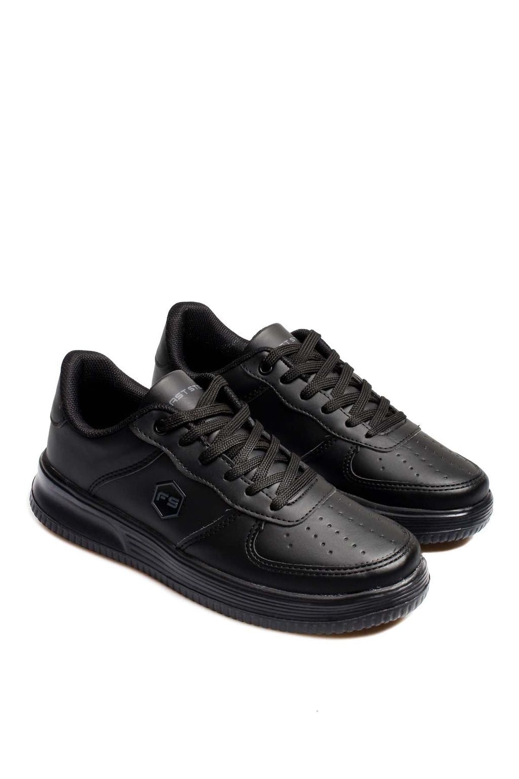 Men's Black Leather Low-Top Sneakers with Perforated Design - Wessi