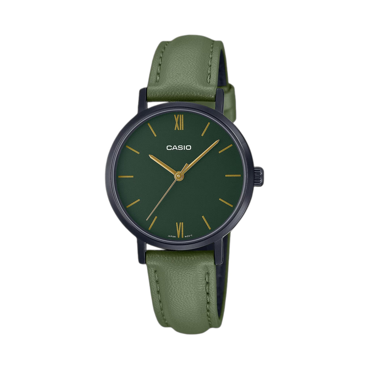 Casio Women's Black Case Green Dial Leather Strap Watch - LTP-VT02BL-3AUDF