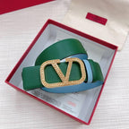 Valentino V logo Hammered Buckle Reversible Wide Signature Belt 'Green/Sky Blue'
