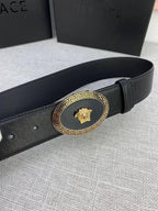 Versace Black Leather Vitello Belt Gold Medallion Buckle