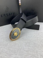 Versace Black Leather Vitello Belt Gold Medallion Buckle