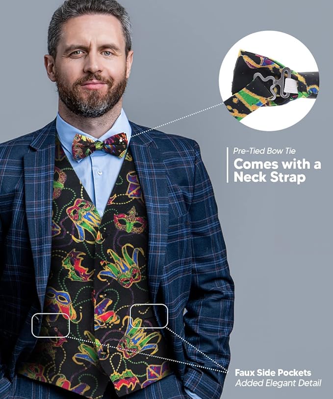 Vittorio Farina Men's Mardi Gras Satin Vest and Bow Tie Set