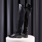 The Fairoks Black Leather Pointy Toe Knee High Women Boot