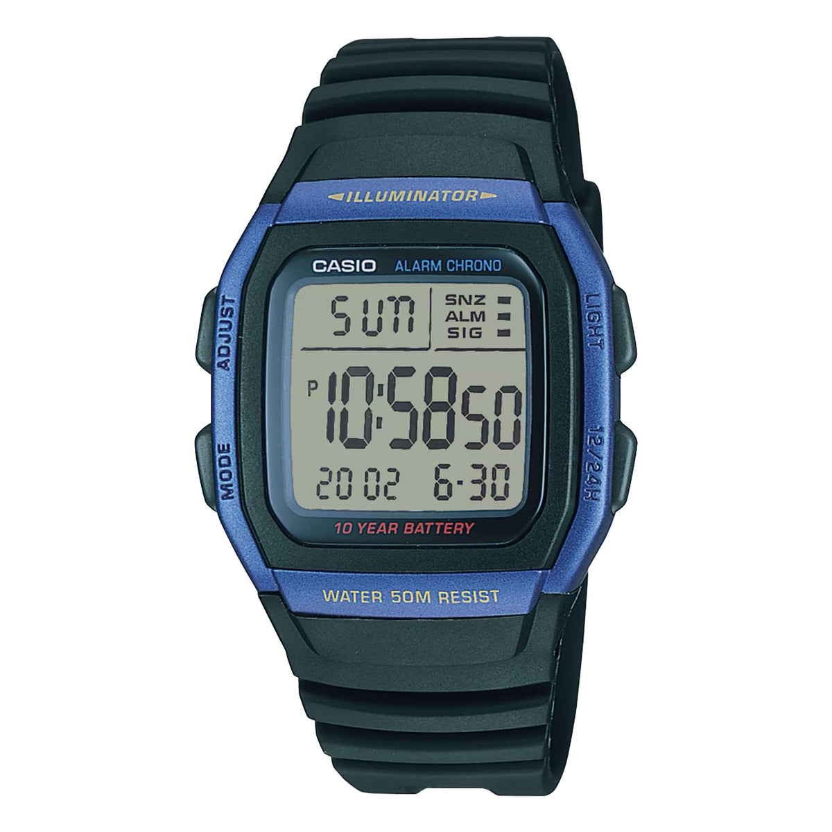 Casio Men's Black Digital Watch with Blue Accent - W-96H-2AV