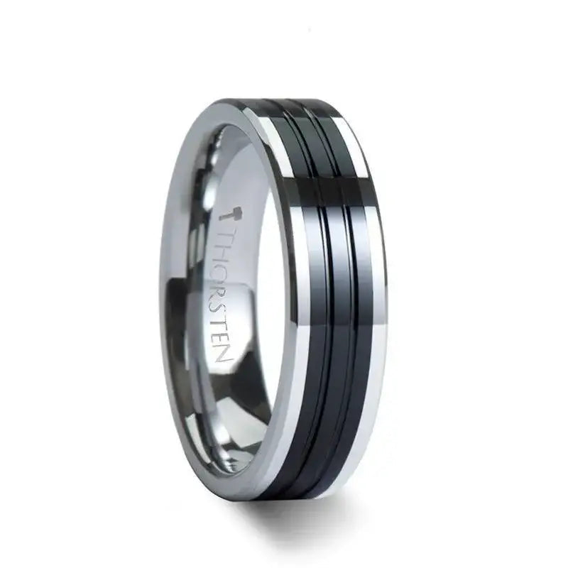 EDINBURGH Tungsten Ring with Flat Grooved Black Ceramic Inlay - 6mm - 10mm