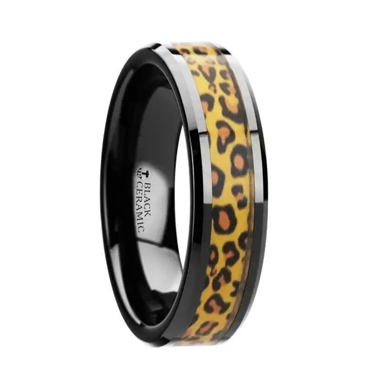 NAMIBIA Black Ceramic Wedding Band with Cheetah Print Animal Design Inlay - 6mm & 8mm