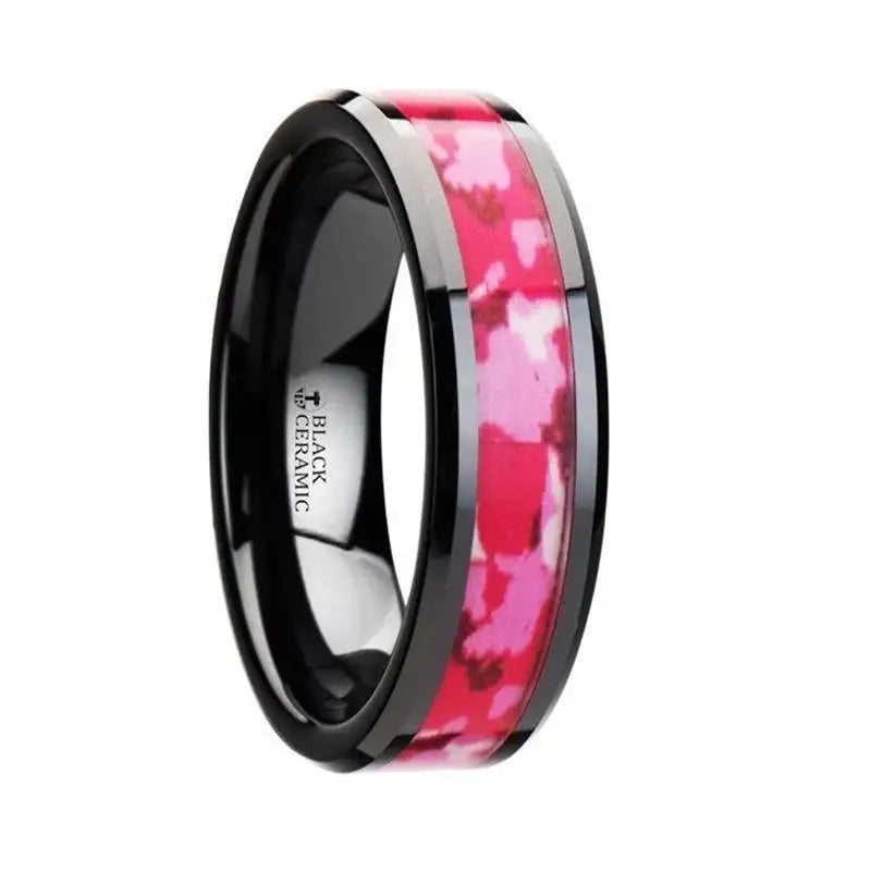 SIERRA Black Ceramic Ring with Pink and White Camouflage Inlay - 6mm & 8mm