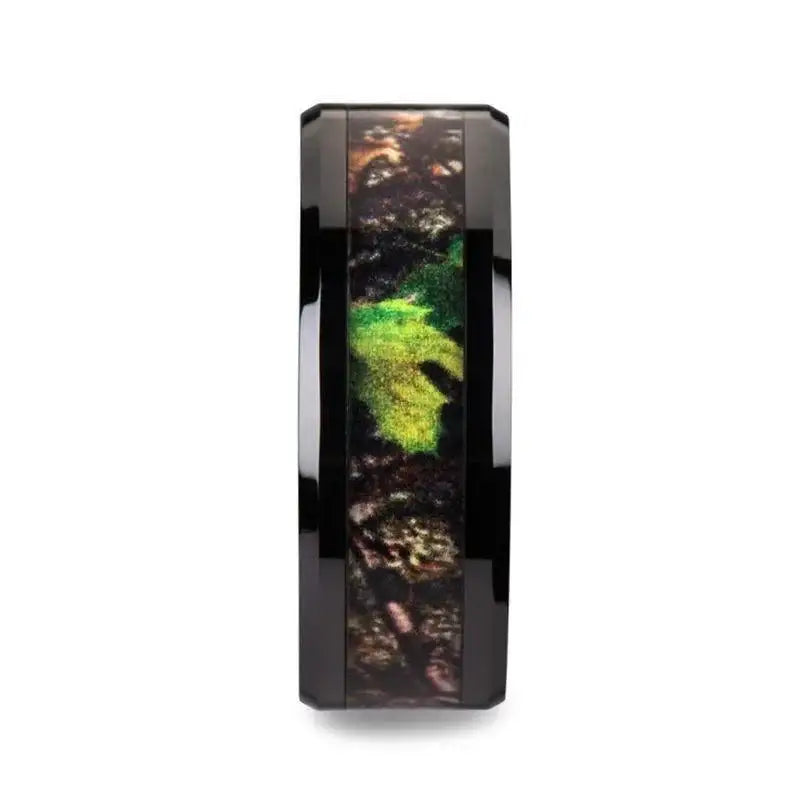 NIGHTFALL Realistic Tree Camo Black Ceramic Wedding Band with Green Leaves - 8mm