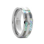 PAUA Double Mother of Pearl Shell Inlay Faceted Tungsten Ring With Beveled Polished Edges - 8mm
