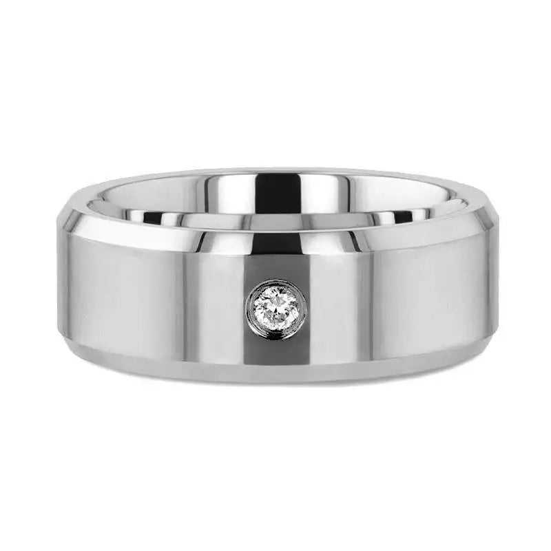 WATERFORD Beveled Diamond Tungsten Wedding Band with Bezel-Set Diamond – 6mm & 8mm