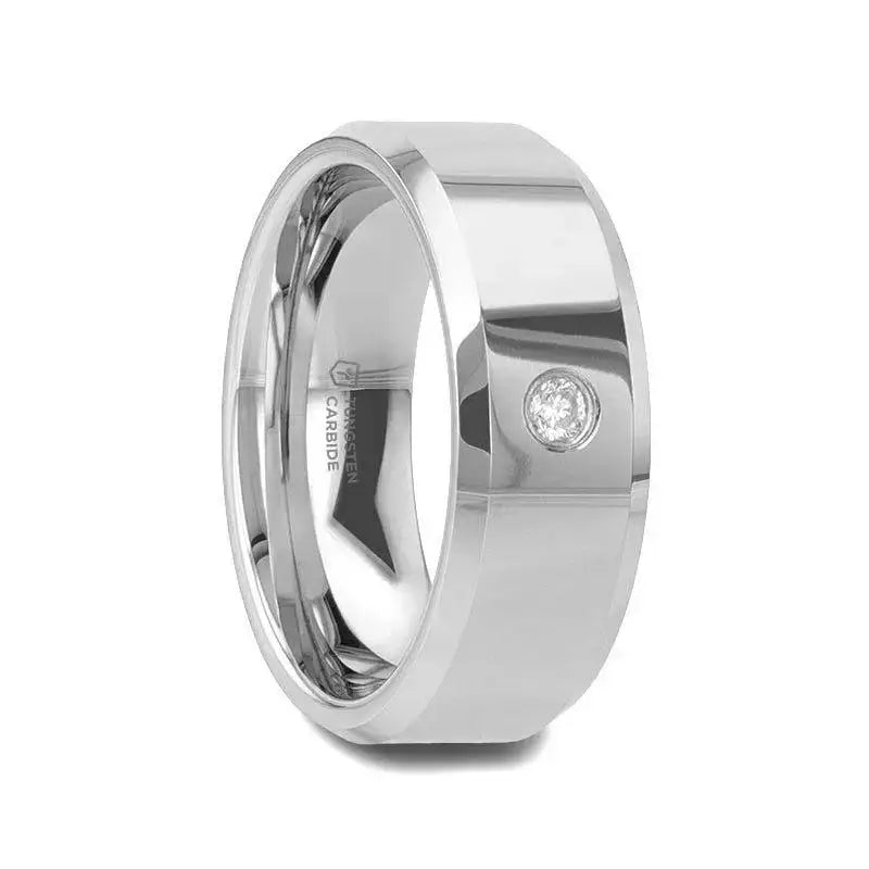 WATERFORD Beveled Diamond Tungsten Wedding Band with Bezel-Set Diamond – 6mm & 8mm