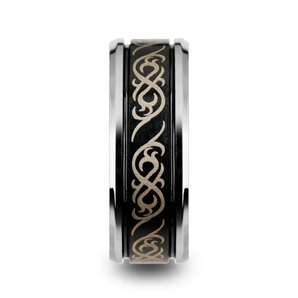 RAIZEN Tungsten Carbide Wedding Ring with Dual Offset Grooves and Laser Engraved Celtic Pattern Polished and Beveled Edges - 8mm