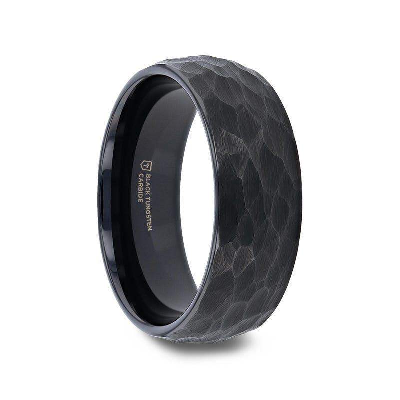 RENEGADE Domed Hammered Black Tungsten Carbide Wedding Band, Brushed Finish – 6mm or 8mm
