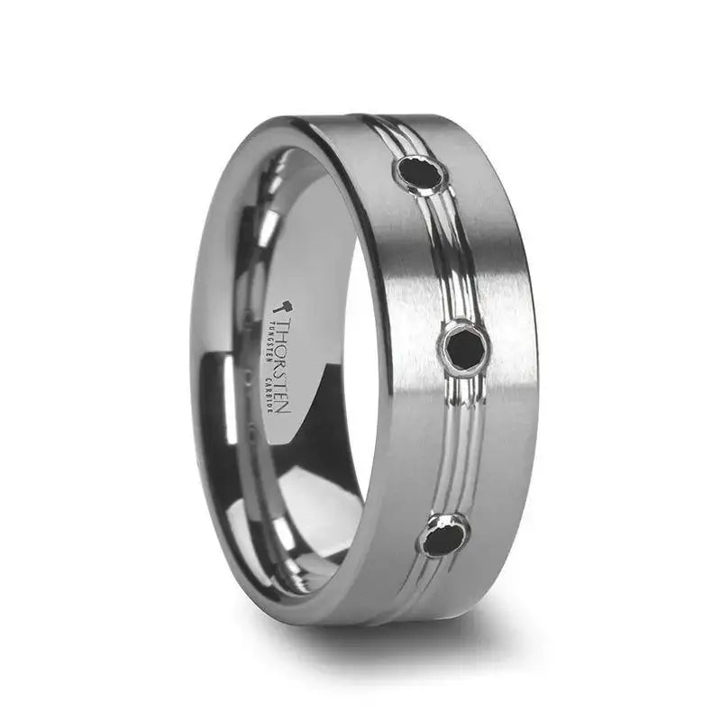 ROYALE Satin Finished Tungsten Ring with Polished Grooved Center and Triple Black Diamonds - 8mm