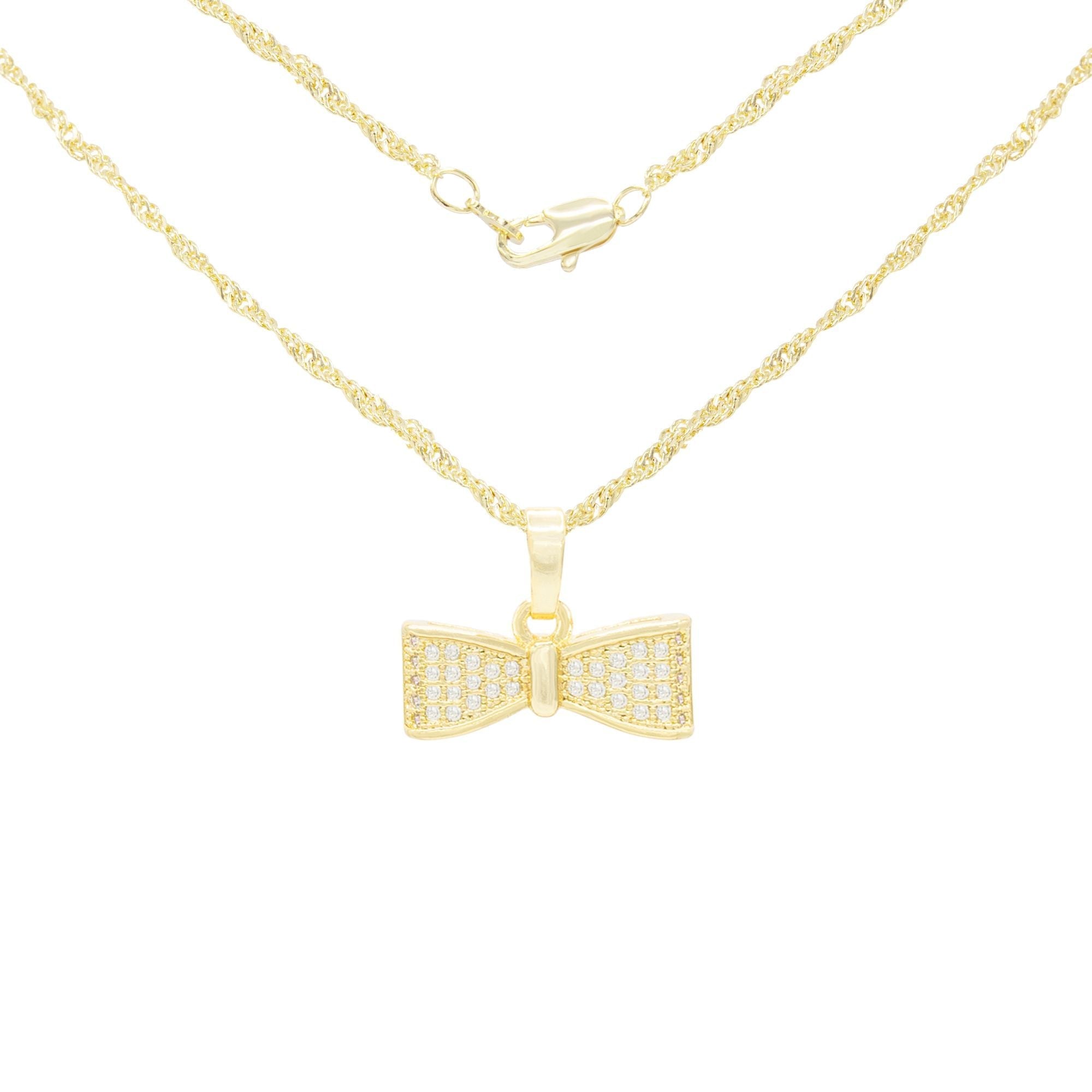 Cubic Zirconia Bow Tie Pendant 14K Gold Filled Necklace Set