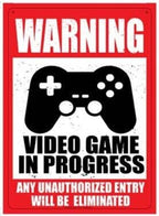 Metal Tin Sign "Warning: Video Game in Progress" Gamer Bedroom Wall Decor #F-101