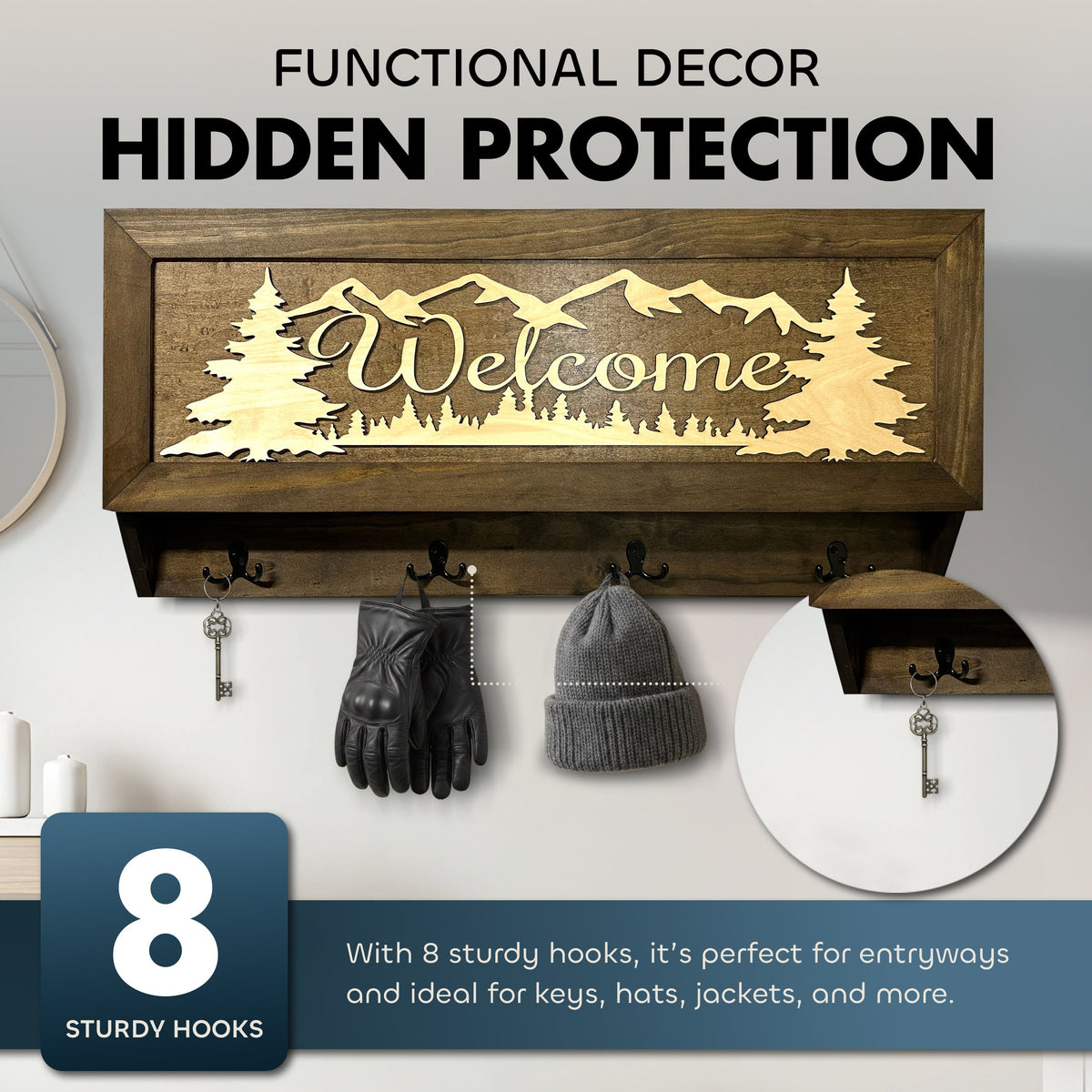 Welcome Mountain Scene Hidden Firearm Storage Coat Rack