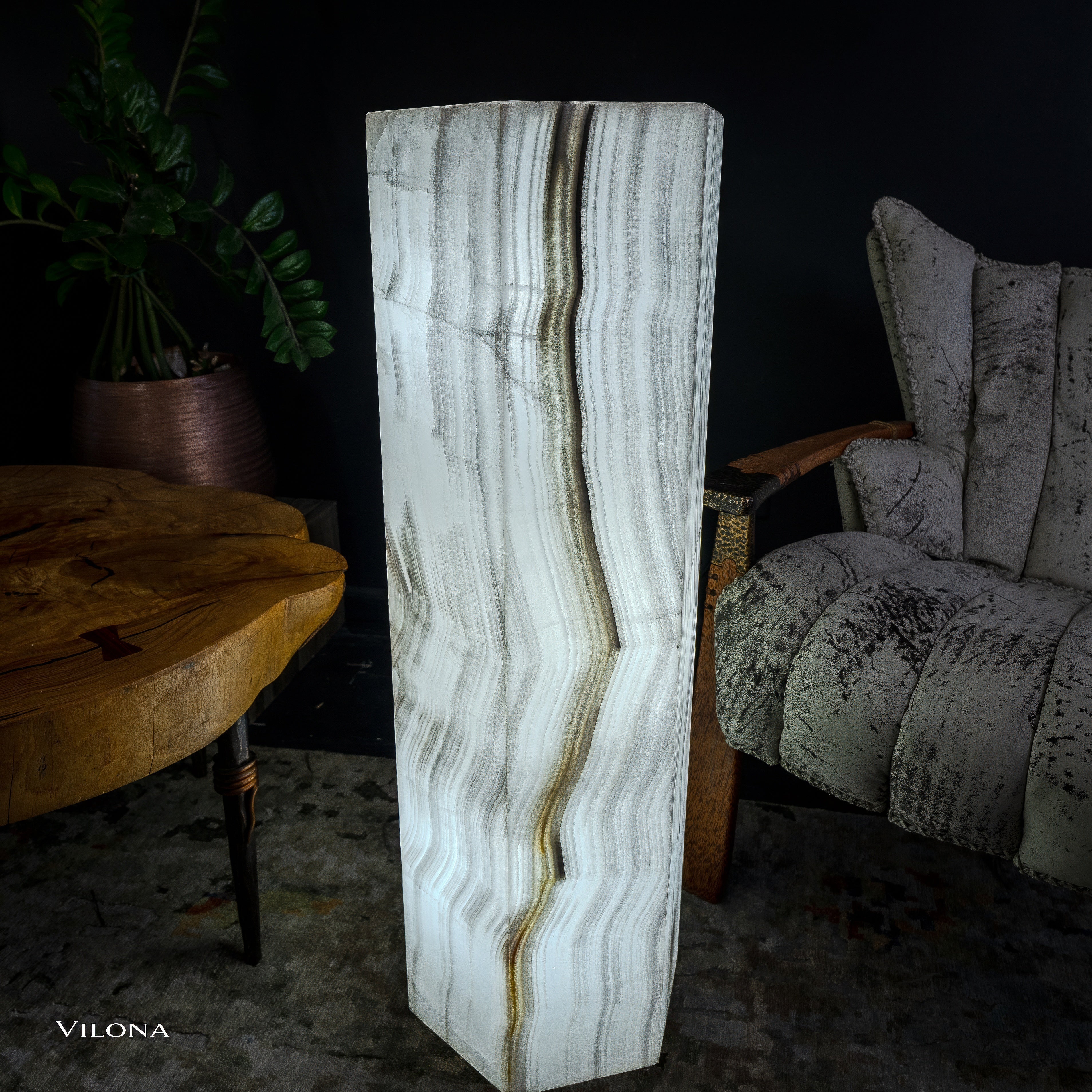 White Ice Onyx Floor Lamp - Small - 39.5"H x 13.5"W - Hexagon - #1