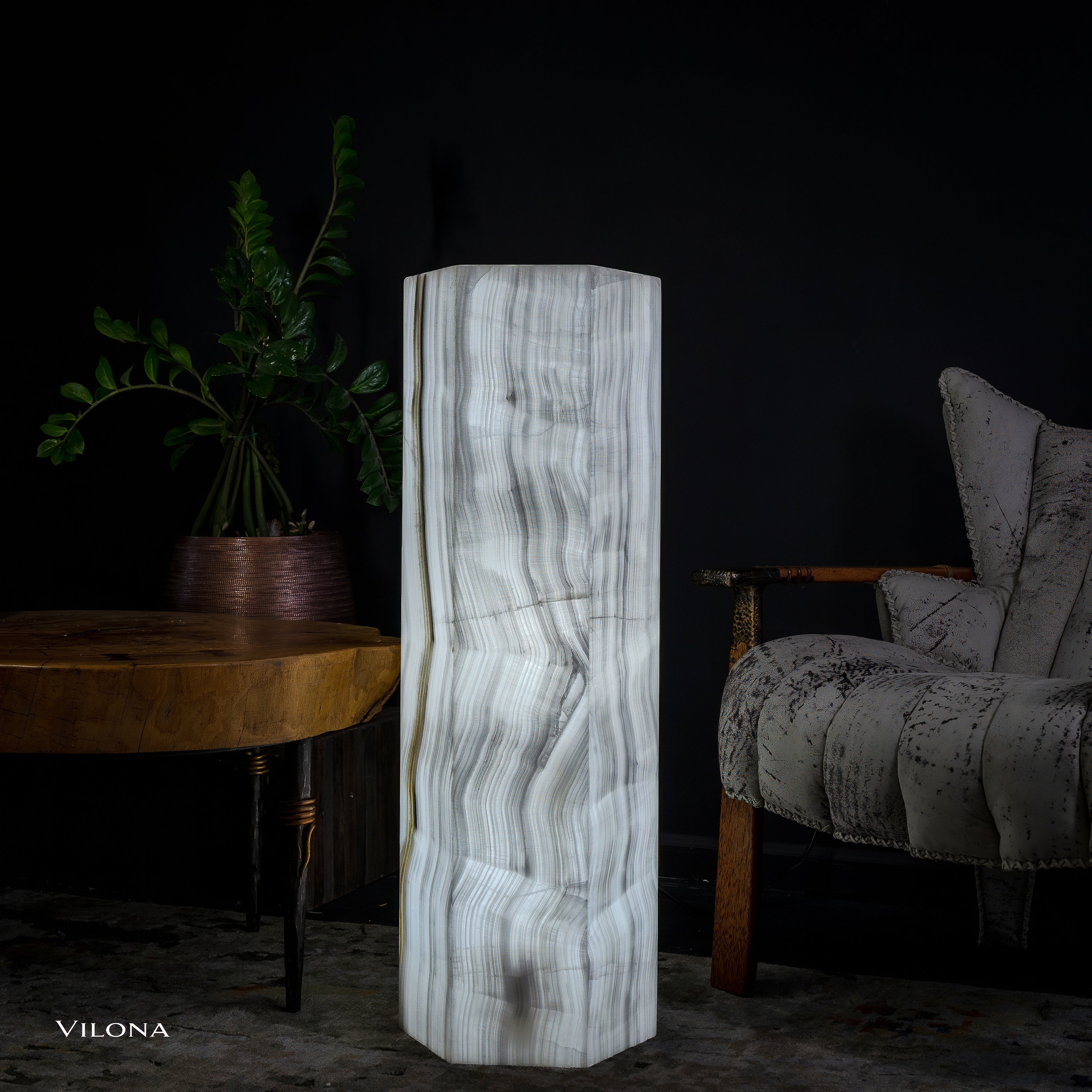 White Ice Onyx Floor Lamp - Small - 39.5"H x 13.5"W - Hexagon - #1