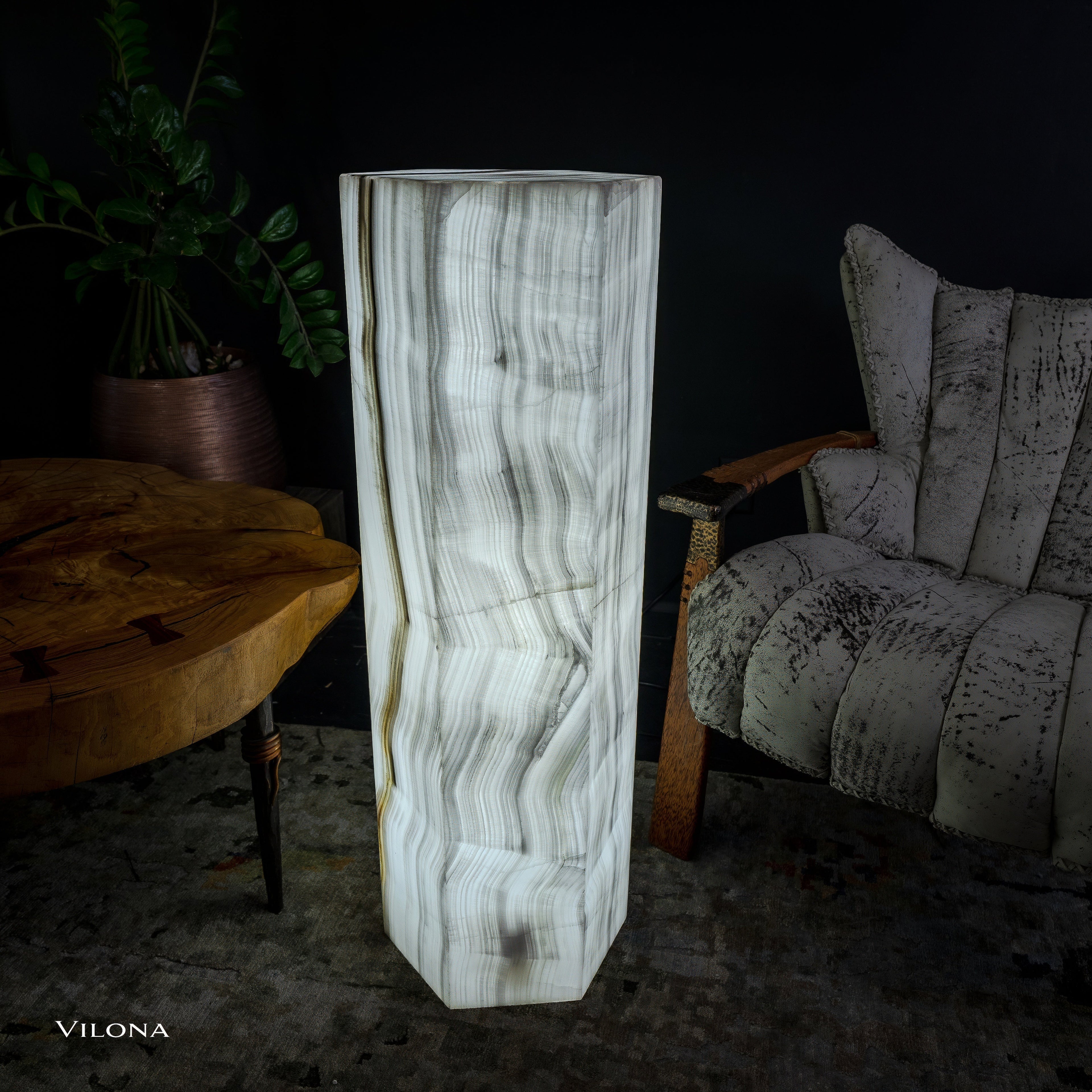 White Ice Onyx Floor Lamp - Small - 39.5"H x 13.5"W - Hexagon - #1