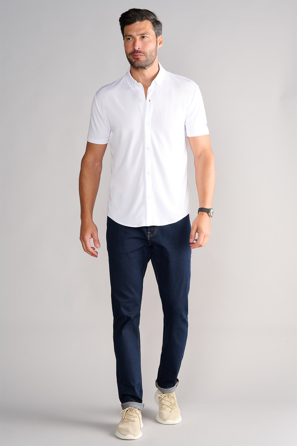Short Sleeve Button Down Polo Solid // White