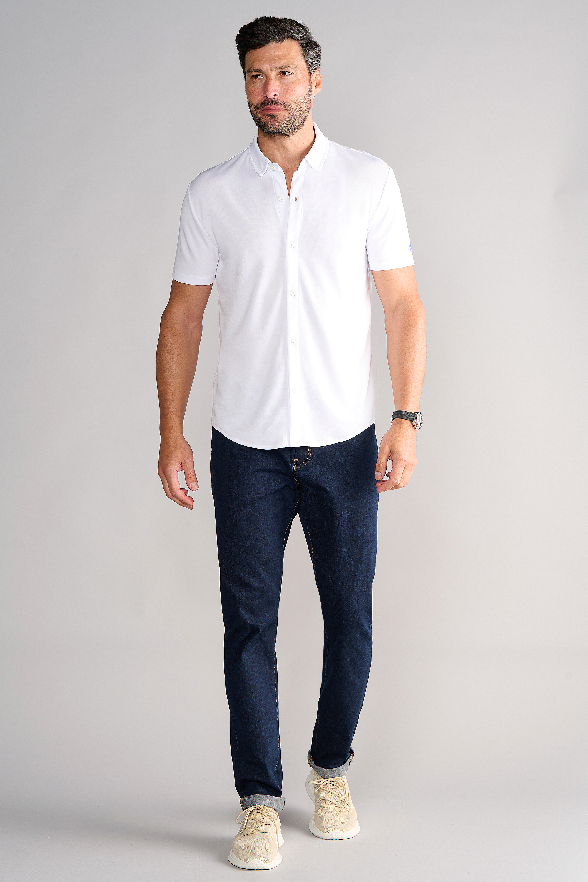 Short Sleeve Button Down Polo Solid // White