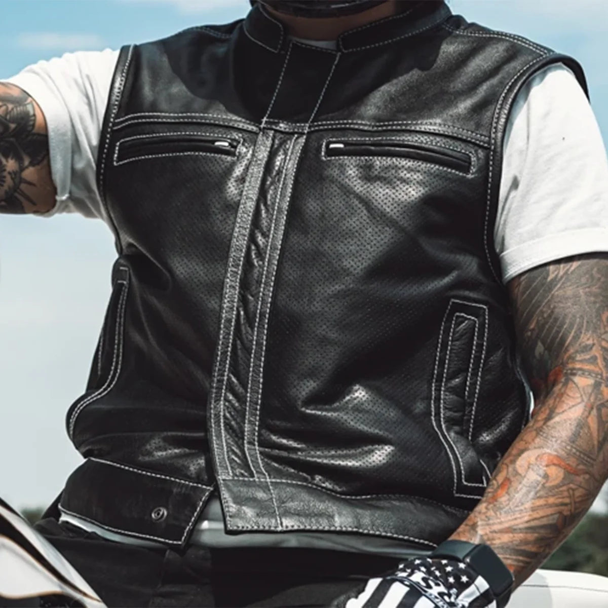 Sharp Shooter Perforated Men's Motorcycle Leather Vest