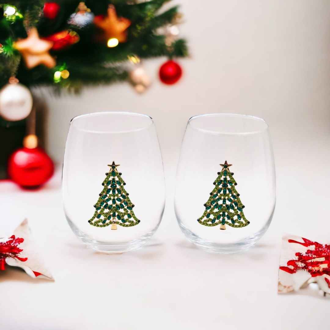Bedazzled Christmas Tree Stemless Wine Glasses
