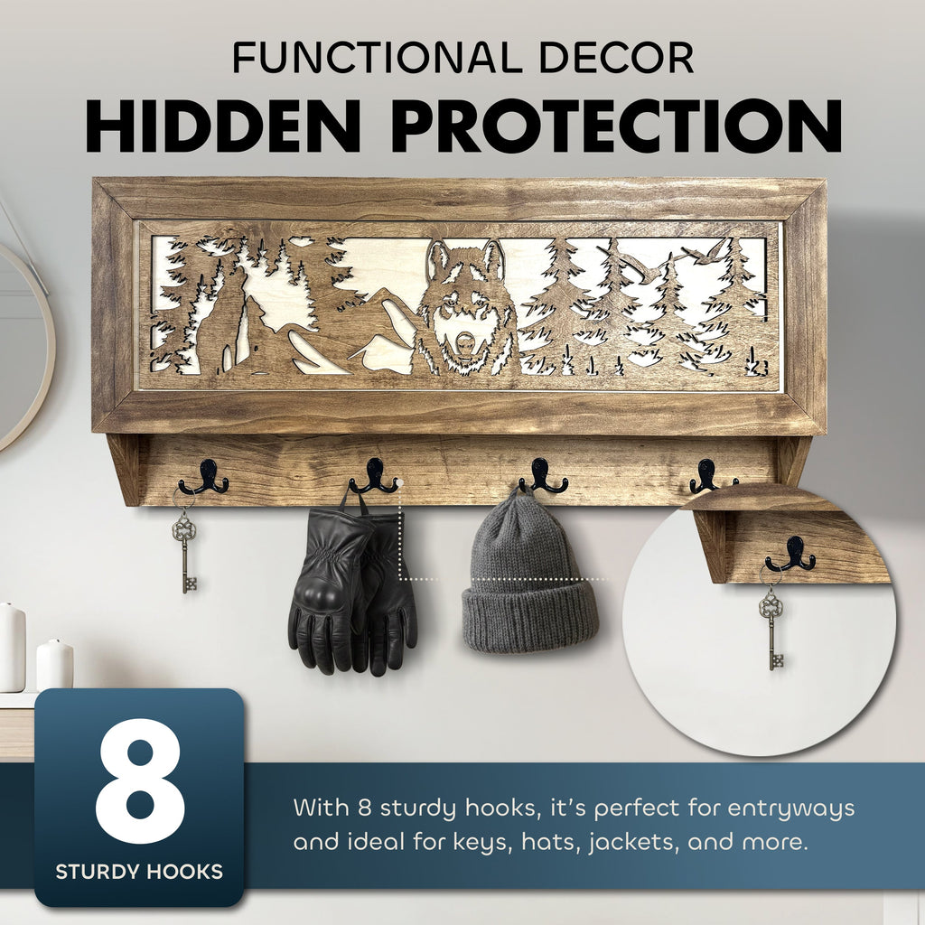 Wolf In The Wild Large Wooden Coat Rack with Discreet Gun Storage Cabinet