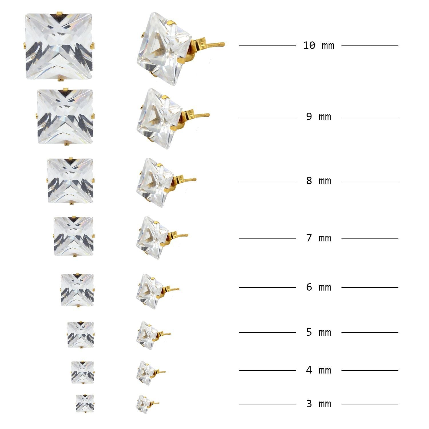 Cubic Zirconia Square 14K Gold Plated Stud Earrings Set Of 4 Stainless Steel Jewelry Men Women