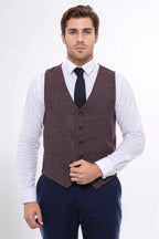 Patterned Dark Brown V Neck Vest - Wessi
