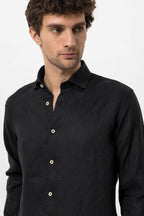 Men's Black Collar Button Detail 100% Linen  Shirt - Wessi