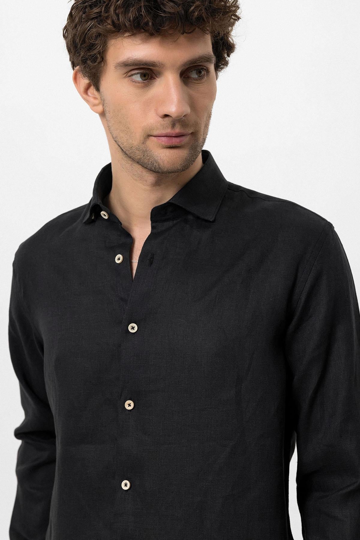 Men's Black Collar Button Detail 100% Linen  Shirt - Wessi