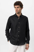 Men's Black Collar Button Detail 100% Linen  Shirt - Wessi