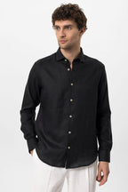 Men's Black Collar Button Detail 100% Linen  Shirt - Wessi